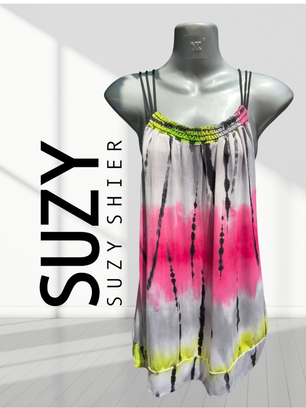 •3👚/ 25$ -Suzy Shier Pink, Gray & Lime Tie-Dye Spaghetti Strap Tank | Large